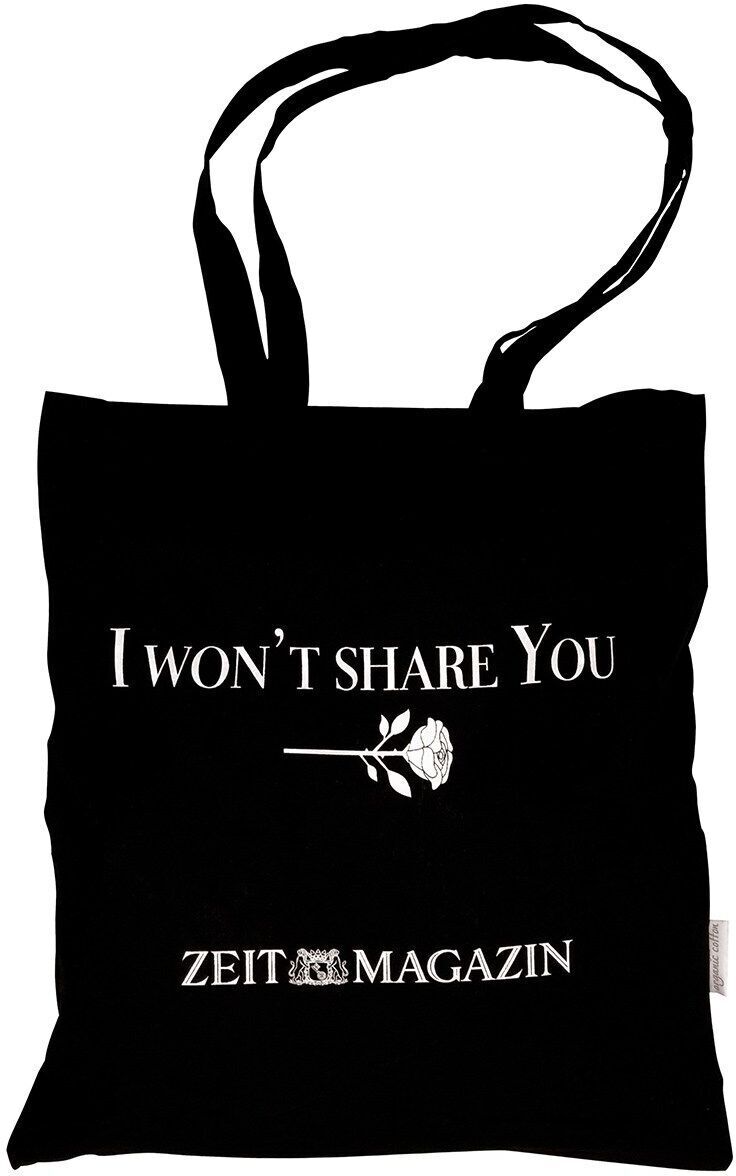 Schwarze Stofftasche mit der Aufschrift „I WON'T SHARE YOU“ und einem Blumenmotiv darunter, gefolgt vom Logo „ZEITmagazin“. Die Tasche hat lange Henkel und einen minimalistischen Designstil.
