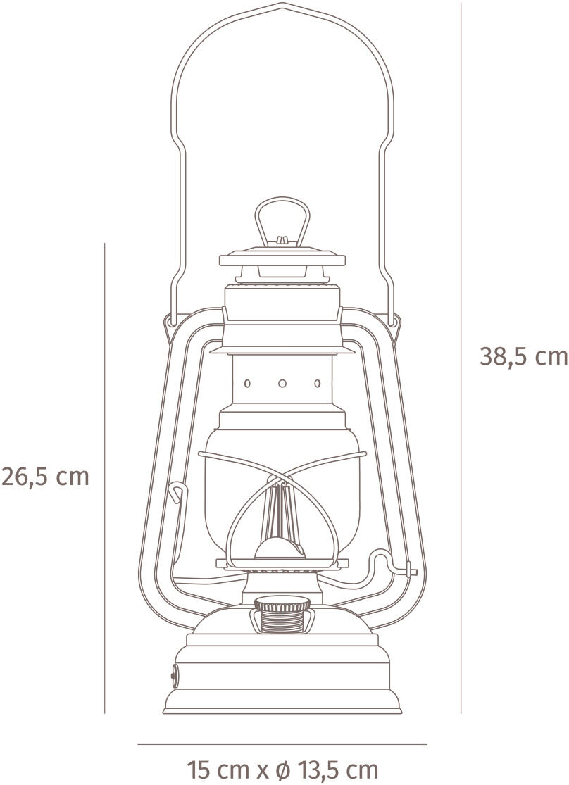 Illustration zeigt die Abmessungen der LED-Laterne »Baby Special 276«: 38,5 cm hoch, 26,5 cm breit, 15 cm x ø 13,5 cm Sockel.