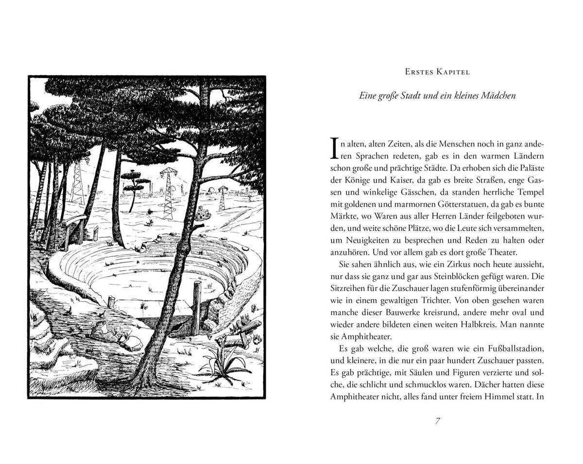 Seite aus dem Buch 'Momo' von Michael Ende. Links eine Zeichnung eines großen Theaters oder Amphitheaters mit Bäumen, rechts Textbeginn des ersten Kapitels.
