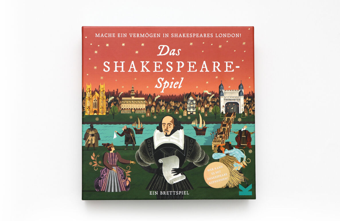 Das Bild zeigt das Brettspiel 'Das Shakespeare-Spiel' mit einem illustrierten Deckel. Im Vordergrund steht ein Porträt von William Shakespeare, umgeben von Renaissance-Kleidung tragenden Figuren und historischen Gebäuden aus dem alten London. In großen weißen Buchstaben steht der Titel 'Das Shakespeare-Spiel' auf einem überwiegend roten Hintergrund.