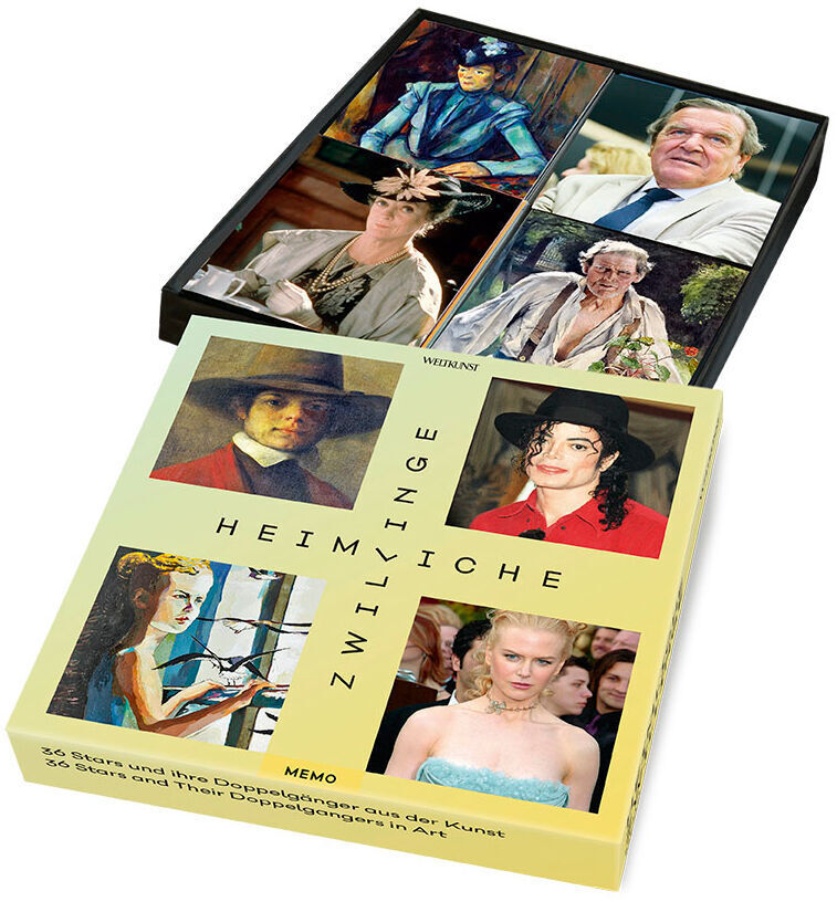 Das Bild zeigt das Spiel 'Heimliche Zwillinge-Memo'. Es handelt sich um ein Memo-Spiel mit verschiedenen Künstlerporträts auf den Spielkarten. Die Spielbox ist gelb und beinhaltet Karten mit Bildpaaren. Einige der Porträts sind auf dem Deckel der Box und neben der geöffneten Box zu sehen.