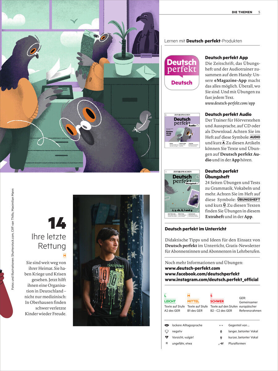 Eine Seite des Deutsch perfekt Magazins 5/2025 mit Illustrationen von Vögeln am Schreibtisch und einem Mann, der aus dem Fenster schaut. Textblöcke beschreiben verschiedene Angebote der Zeitschrift. Farblich dominieren Grün, Lila, Weiß und Schwarz.