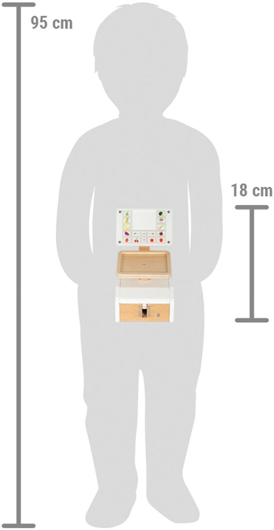 Die Abbildung zeigt eine Holzwaage namens 'Waage Fresh', die für das Messen von Höhen bis 95 cm geeignet ist. Die Waage ist kindgerecht gestaltet und besteht aus einer hellbraunen Holzkonstruktion mit weißen und bunten Elementen. Eine Figur in Form eines Kindes zeigt die Skala mit 95 cm Höhe und 18 cm Breite an.