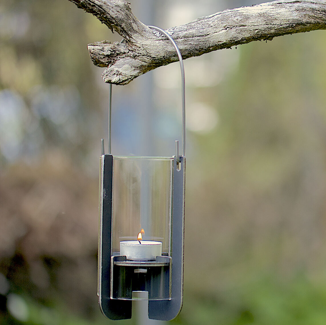 Eine moderne Gartenlaterne »Lumi« aus Metall und Glas hängt an einem Ast. Im Inneren brennt ein Teelicht und schafft eine gemütliche, romantische Atmosphäre im Freien. Der Hintergrund zeigt unscharfes Grün und Äste.