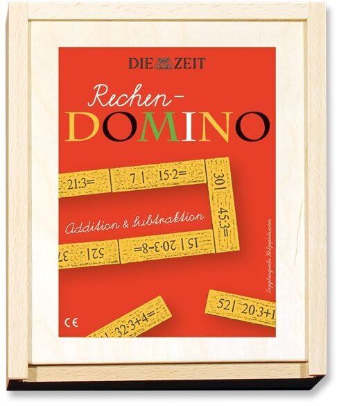 Das Bild zeigt ein Rechendomino-Set von DIE ZEIT. Der Hintergrund ist rot, und auf der Verpackung sind mehrere gelbe Dominosteine mit mathematischen Aufgaben für Addition und Subtraktion abgebildet. Der Rand der Verpackung ist holzfarben.
