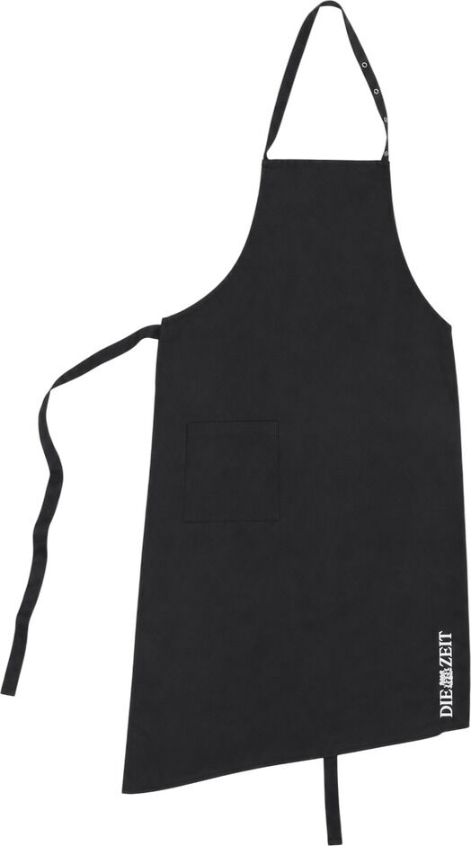 Schwarze Kochschürze der ZEIT-Kollektion aus 100% Baumwolle mit schlichtem Design, mittiger Bauchtasche und weißem vertikalem DIE ZEIT Logo am rechten Saum. Verstellbares Nackenband und lange Seitenbänder, geeignet für Erwachsene, ideal für Küche und Grill.