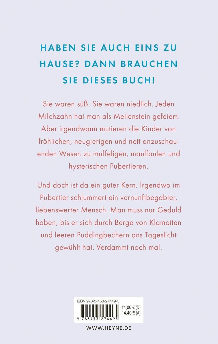 Rückseite des Buches 'Pubertier' von J. Weiler mit einem humorvollen Text über die Herausforderungen der Pubertät, abgedruckt auf hellblauem Hintergrund mit weißen und gelben Textakzenten.