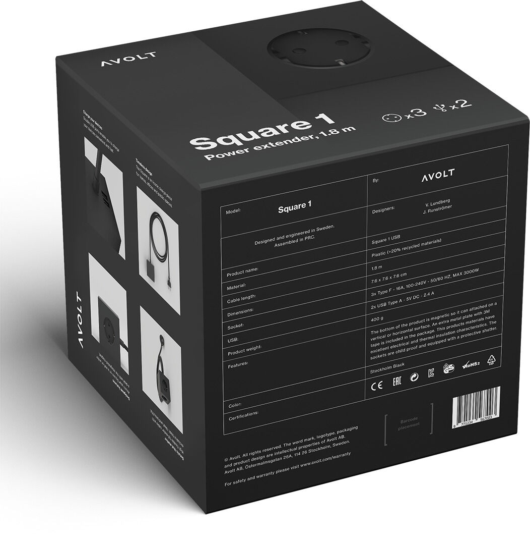 Ein quadratischer schwarzer Karton, der das Produkt Square One USB-C und Magnet von Avolt zeigt. Der Karton enthält technische Spezifikationen und Produktbeschreibung.