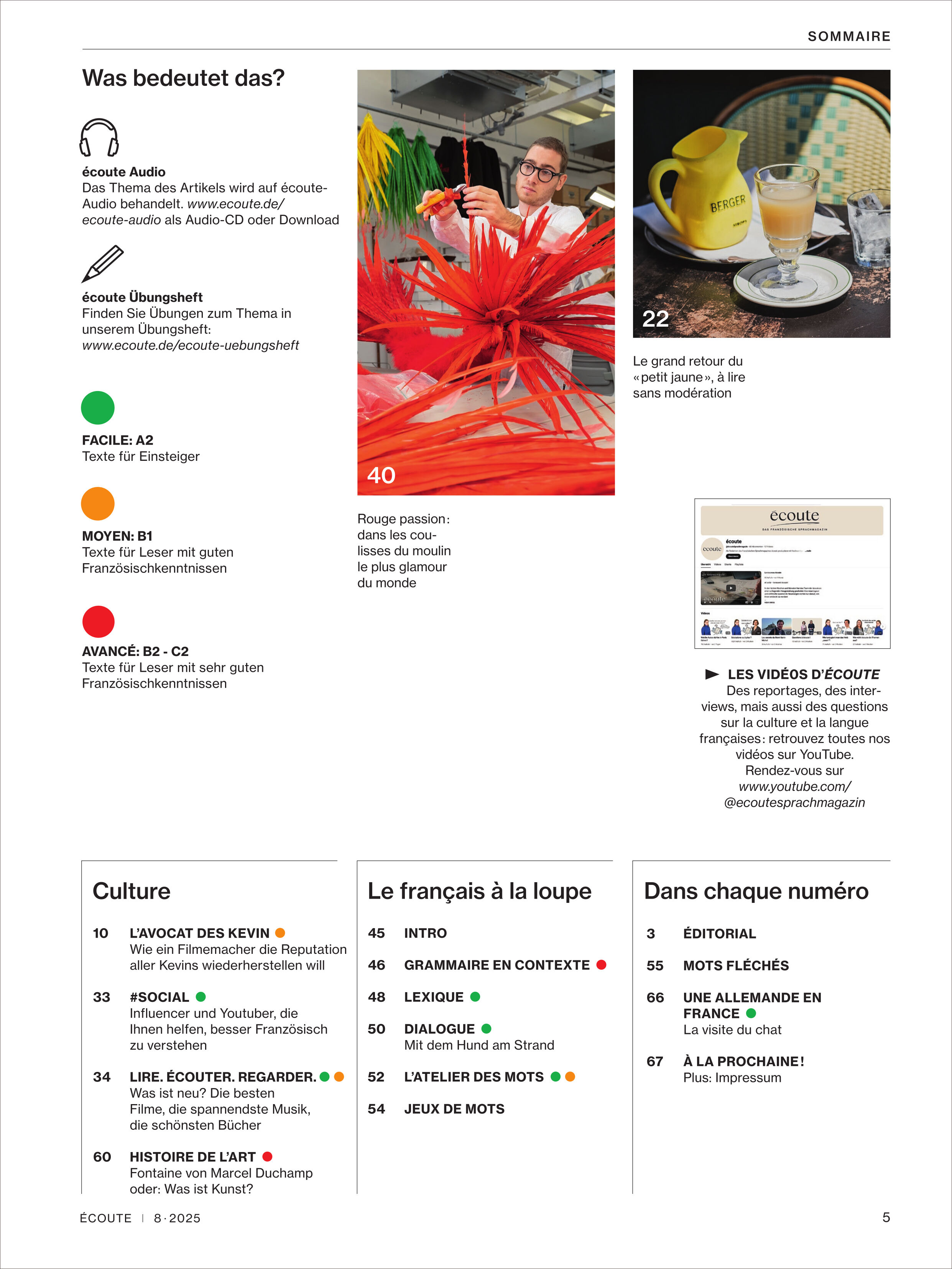 Eine Seite aus dem Écoute Magazin 8/2025 mit Inhaltsverzeichnis, bunten Symbolen, Textblöcken, französischen und deutschen Überschriften. Ein Foto zeigt eine Person mit roten Papierstreifen, daneben ein Bild eines Cappuccinos mit Kuchen. Die Seite präsentiert Themen rund um die französische Sprache, Kultur, Grammatik und Audioressourcen.