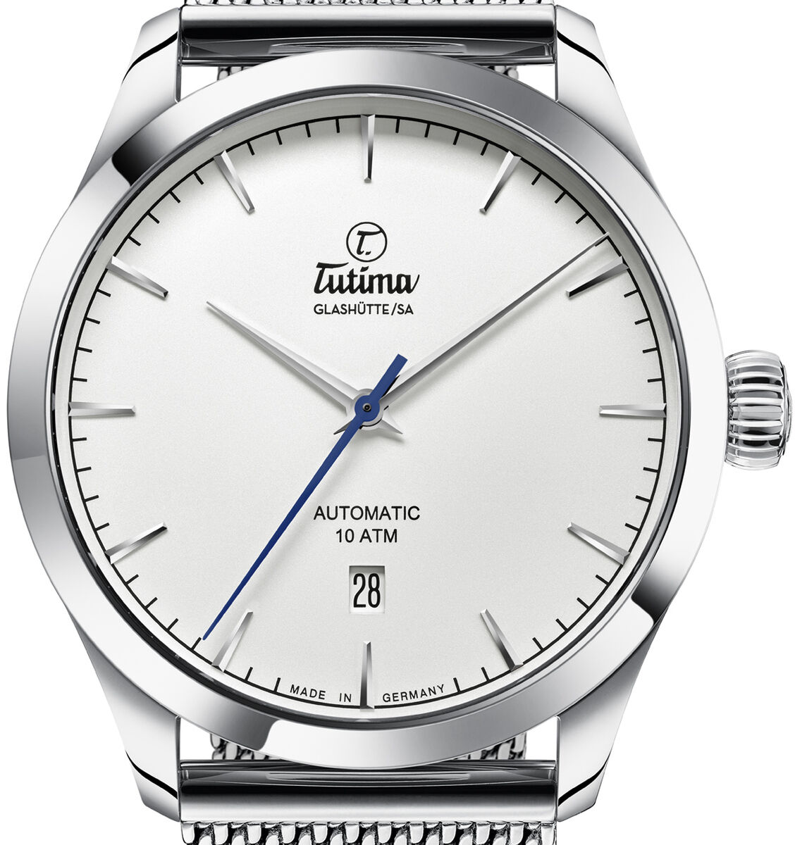 Die ZEIT Sonderedition »Flieger Aero Club« ist eine elegante Automatikuhr mit einem silbernen Mesh-Armband, einem weißen Zifferblatt und blauen Akzenten. Sie verfügt über ein Datum-Fenster und verkörpert klassische Eleganz und deutsche Präzision.