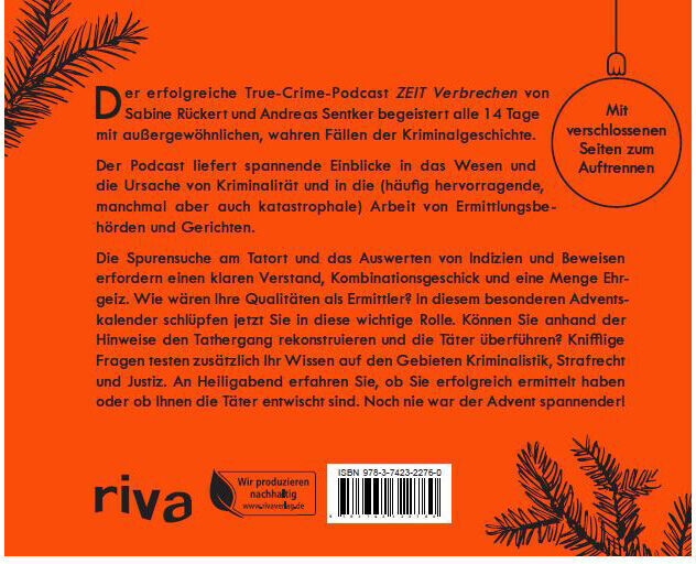 ZEIT VERBRECHEN - Der Adventskalender, ein orangefarbenes Buch mit schwarzem Text und weihnachtlichen Verzierungen. Es enthält verschlossene Seiten mit Kriminalrätseln und kriminalistischen Geschichten, perfekt für die Vorweihnachtszeit.