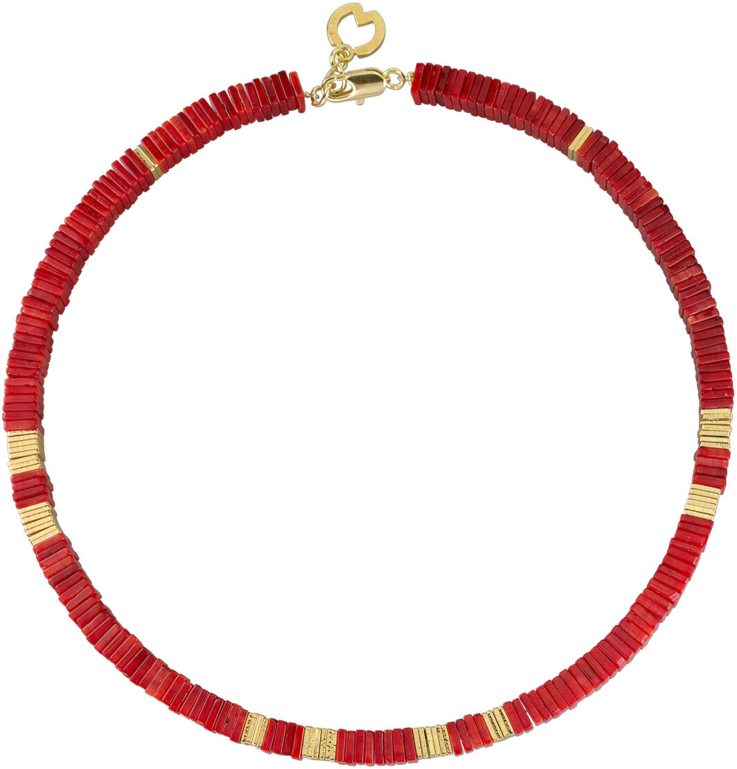 Rotes Collier von Petra Waszak mit goldenen Akzenten und Hakenverschluss.