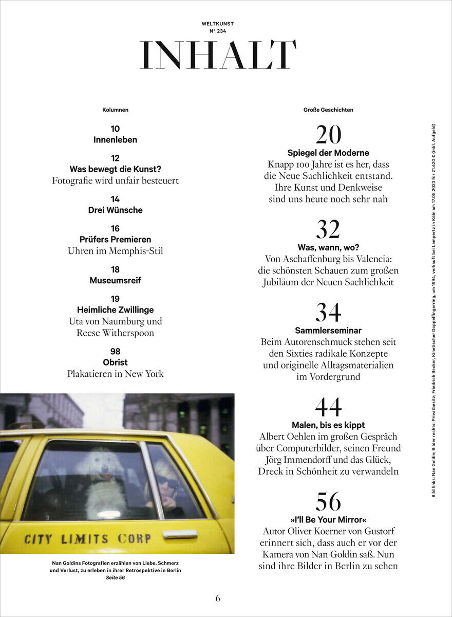 Seite eines Kunstmagazins mit einem Inhaltsverzeichnis. Oben steht 'Inhalt' und 'Weltkunst Nr. 234'. Auf der rechten Seite sind Artikelüberschriften mit Seitenzahlen in Schwarz und Weiß aufgelistet. Unten links ist ein Bildteil von einem gelben Auto mit der Aufschrift 'CITY LIMITS CORP' sichtbar.