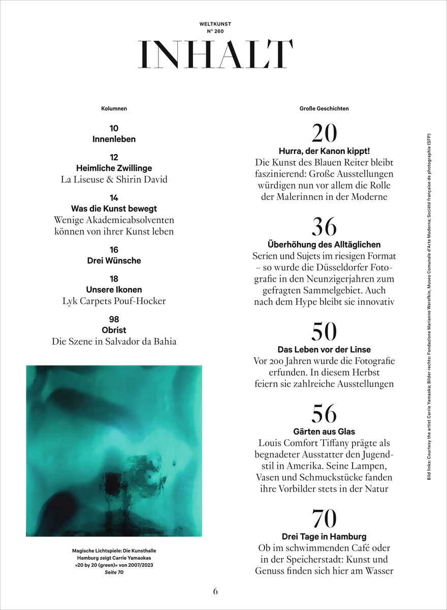Inhaltsverzeichnis der Zeitschrift WELTKUNST 260/26 mit strukturierter Gliederung, schwarzer Schrift auf weißem Grund. In der Mitte große Überschrift „INHALT“, darunter Artikel wie „Hurra, der Kanon kippt“, „Drei Wünsche“, und ein abstraktes türkisfarbenes Bild unten links.