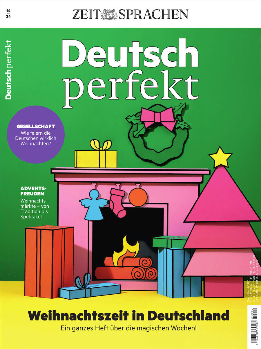 Titelbild des Deutsch perfekt Magazins 14/2024, mit weihnachtlicher Dekoration, Kamin und Geschenken, Thema: Weihnachtszeit in Deutschland.