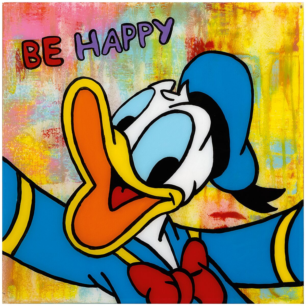 Quadratischer Kunstdruck auf Aluminiumplatte (40x40cm) mit knalligen Farben, dynamischer Komposition und beliebten Comicfiguren im Pop-Art-Stil. Die detailreiche Grafik kombiniert kräftige Rot-, Gelb-, Blau- und Schwarzflächen, typografische Elemente und verschiedene Comicsymbole.