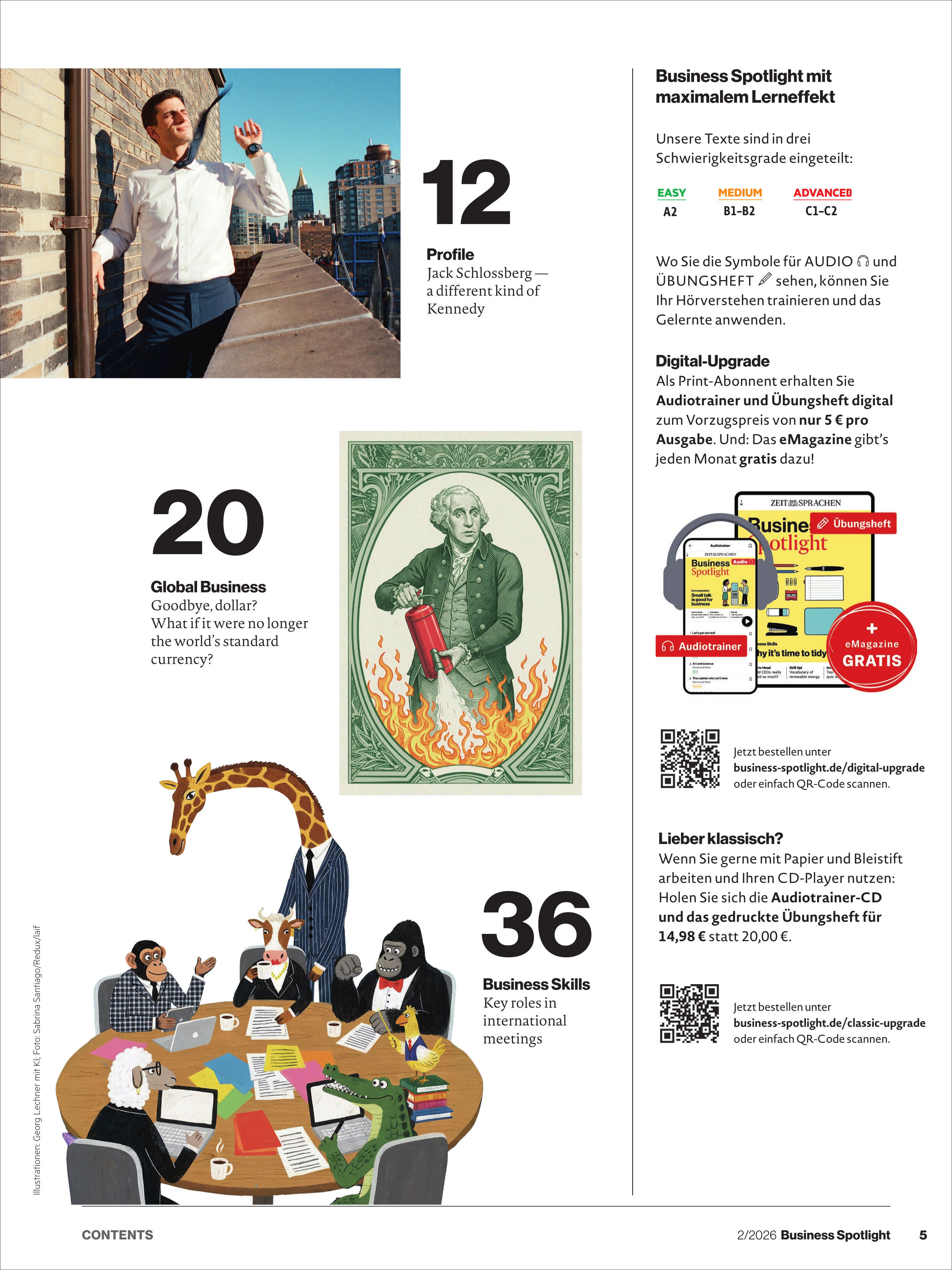 Magazinseite mit drei Bildern: Oben ein Mann mit Kaffeetasse, mittig eine Illustration mit grünem Hintergrund und Porträt, unten Tiere im Anzug um einen Konferenztisch. Rechts Infotexte, bunt markierte Bereiche und ein QR-Code.
