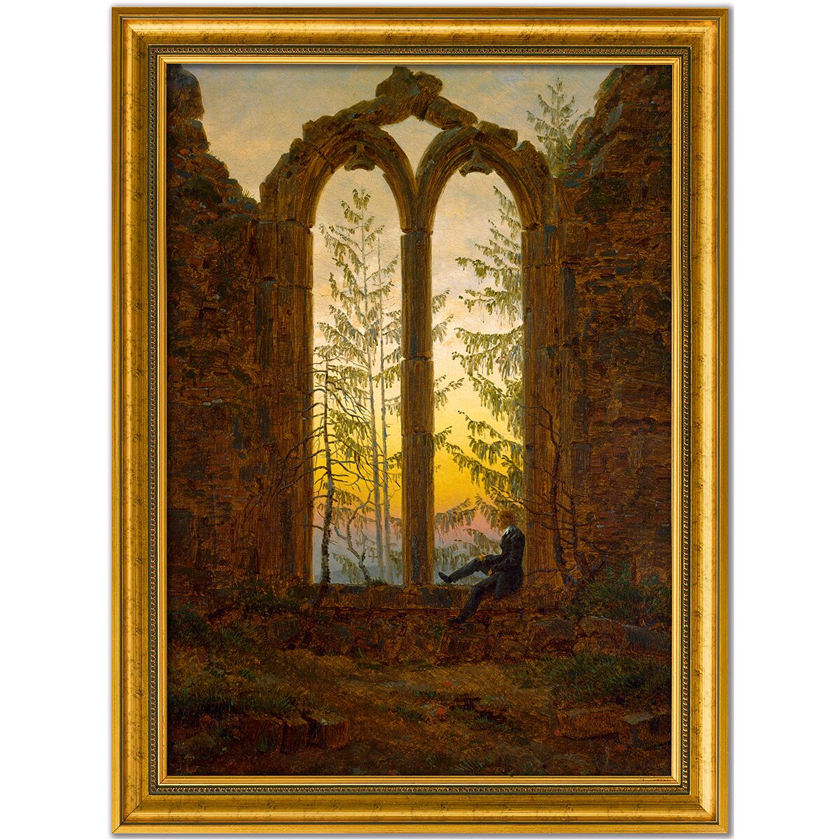 Das Bild zeigt eine detailreiche Reproduktion von Caspar David Friedrichs "Der Träumer" (um 1835). Es ist in einem goldenen Holzrahmen gefasst. Ein Mann sitzt träumend in einer verwitterten, offenen Ruine mit gotischem Bogenfenster, durch das melancholisch beleuchtete Bäume und ein Sonnenuntergang zu sehen sind.