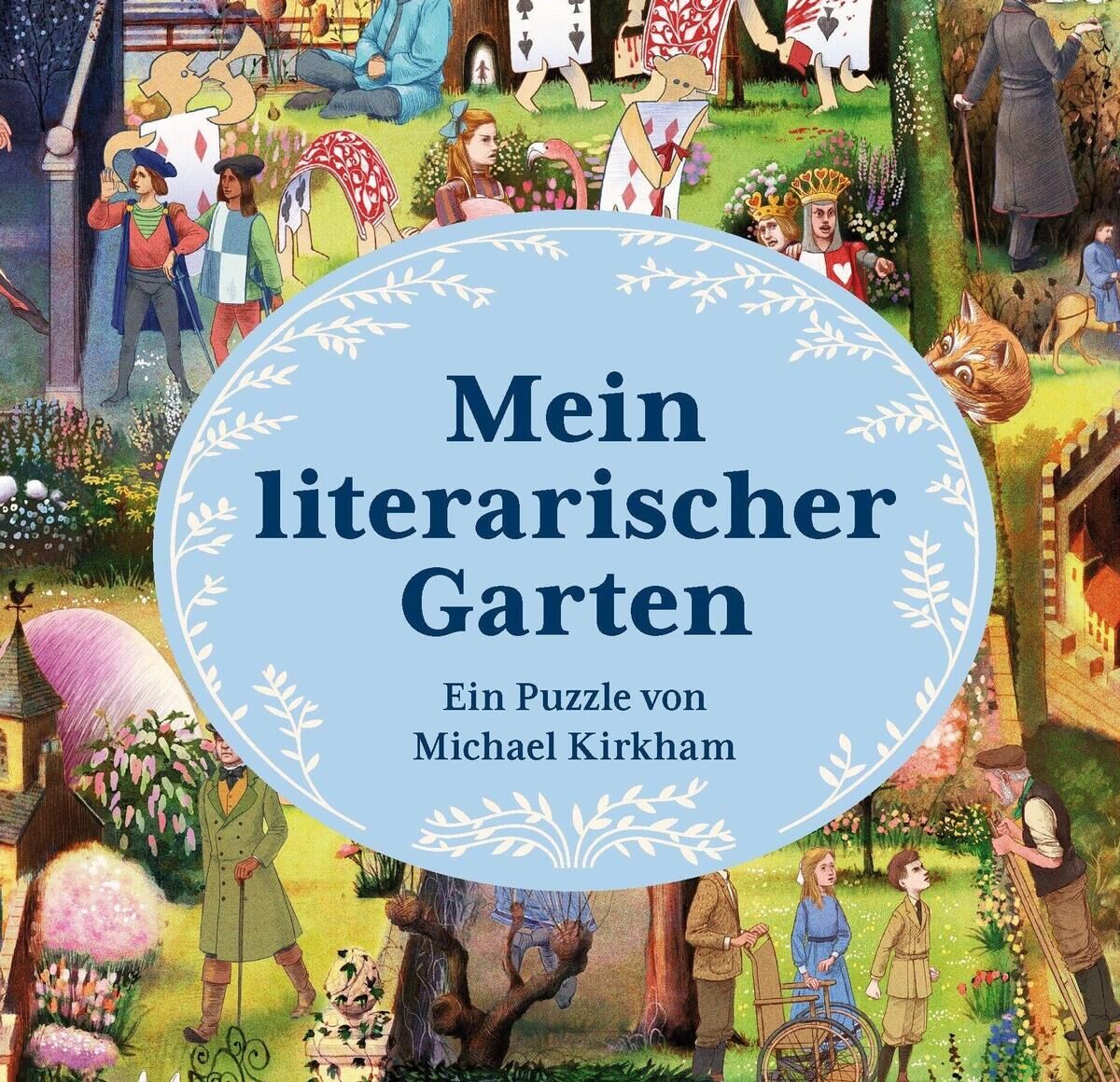 Der Puzzle-Karton zeigt den Titel 'Mein literarischer Garten' von Michael Kirkham, umgeben von bunten Illustrationen literarischer Szenen in märchenhafter Gartenlandschaft mit Figuren aus Geschichten, Bäumen, Blumen und Häusern. Ein verspieltes, detailreiches Motiv.