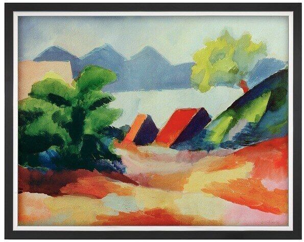 Ein expressionistisches Gemälde von August Macke aus dem Jahr 1913 mit dem Titel »Am Thuner See I«. Es zeigt eine bunte Landschaft mit grünen Bäumen, roten Dächern, blauen Bergen und einem See im Hintergrund.