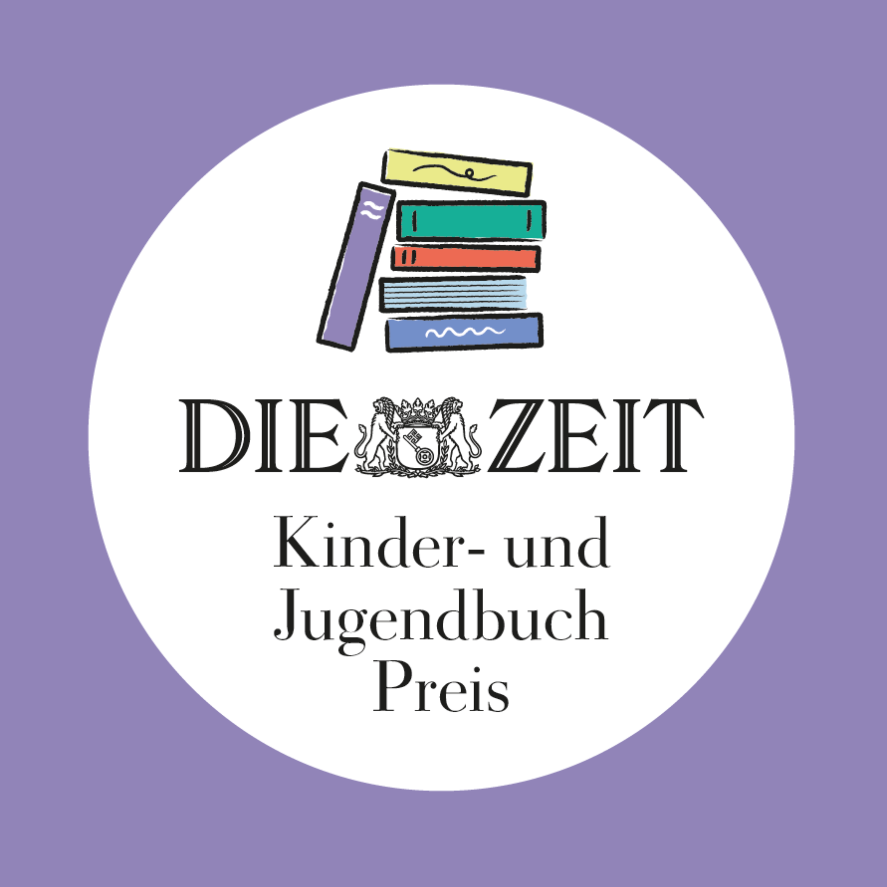 Link zur Kategorie mit den monatlichen Bestenlisten zum ZEIT Kinder- und Jugendbuchpreis: Grafik mit lila Hintergrund und großem weißen Kreis in der Mitte. Im oberen Bereich befinden sich bunt gestapelte Bücher. Darunter steht der Text: 'ZEIT Kinder- und Jugendbuch Preis'.