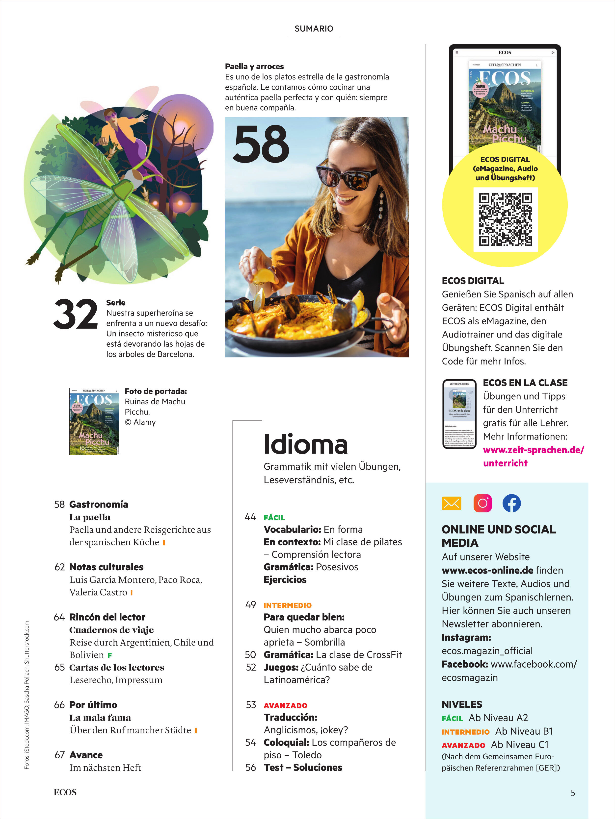 Cover und Inhalte des Ecos Magazins 7/2025 mit Themen rund um Sprache, Gastronomie und Kultur. Eine Frau im Sommeroutfit genießt eine Mahlzeit im Freien. Bunte und informative Gestaltung mit Textblöcken und Bildern.