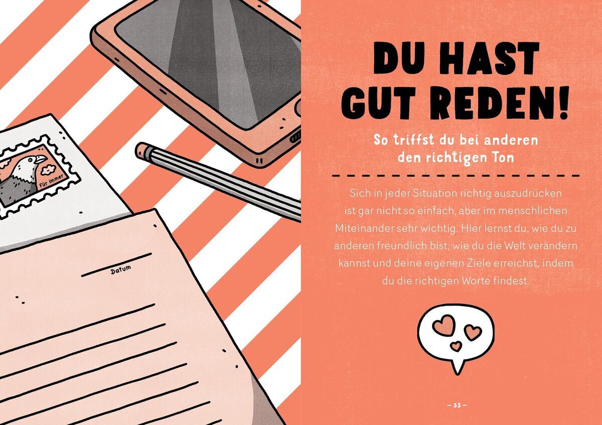 Illustration eines Buches mit dem Titel „Alles, was Du in der Schule nicht lernst“ von Catherine Newman. Das Bild zeigt eine gestreifte Hintergrundgestaltung in orange und weiß sowie ein Schreibset mit Papier, Briefmarke, Stift und einem Taschenrechner.