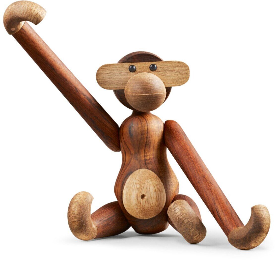Holzfigur eines Affen von Kay Bojesen, mit beweglichen Gliedmaßen, gefertigt aus verschiedenen Brauntönen von Naturholz.