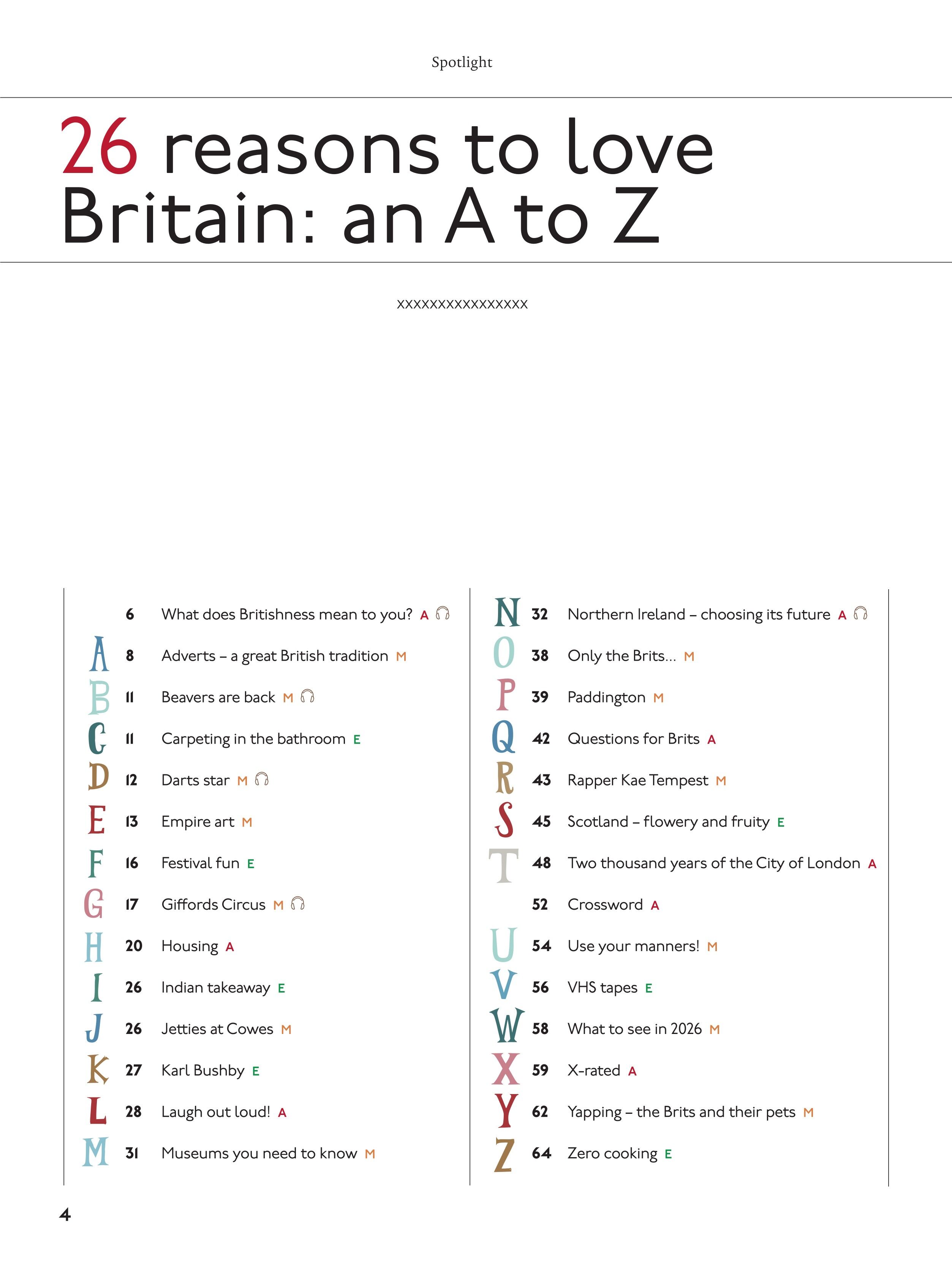 Inhaltsverzeichnis einer Magazinseite mit dem Titel „26 reasons to love Britain: an A to Z“. Bunte Großbuchstaben A bis Z führen alphabetisch die Themen der Ausgabe auf, darunter Fragen zu britischer Kultur, Reisen und Sprache. Die Seite ist übersichtlich und modern gestaltet.