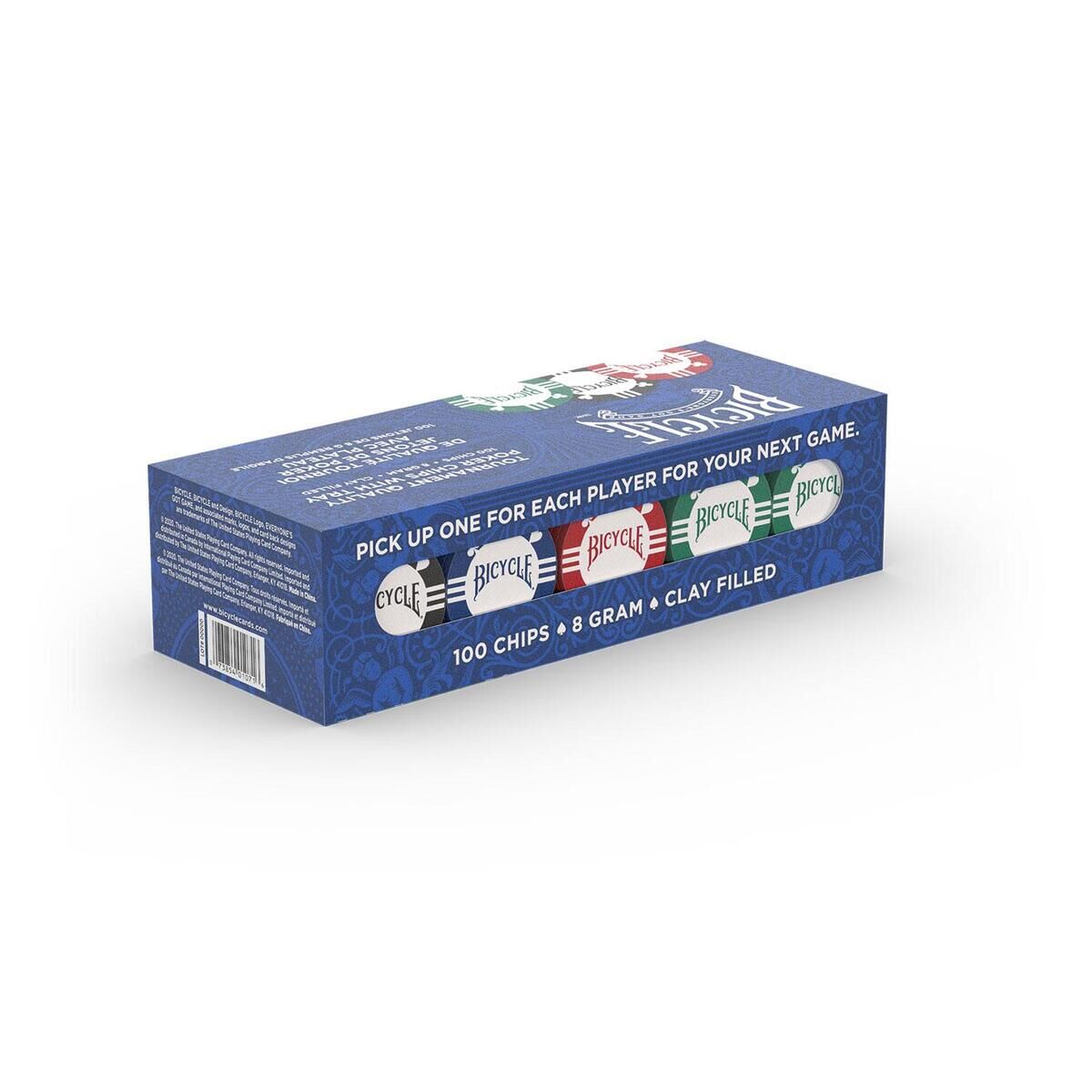 Eine Box mit 100 Pokerchips, die in Blau, Rot, Weiß, Grün und Schwarz gefärbt sind. Die Schachtel ist blau mit weißem Text und enthält 8-Gramm Lehmpokerchips, die für Kartenspiele und Casinoabende geeignet sind.