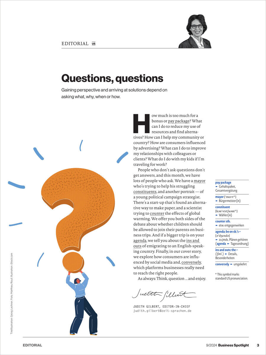 Ein Bild des Editorial-Seite des 'Business Spotlight Magazin' Ausgabe 09/2024. Es zeigt den Titel 'Questions, questions' und einen kleinen Cartoon eines Mannes, der ein großes orangefarbenes Fragezeichen hochhebt. Textblöcke und eine Unterschrift sind ebenfalls vorhanden.