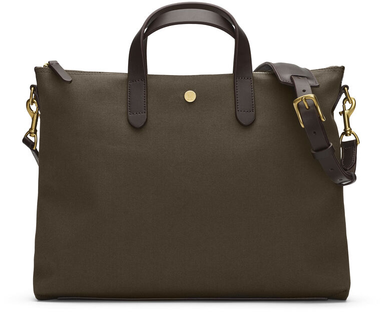 Braune Laptop-Tasche »BRIEF« mit Ledergriffen, verstellbarem Schultergurt und goldfarbenen Beschlägen.