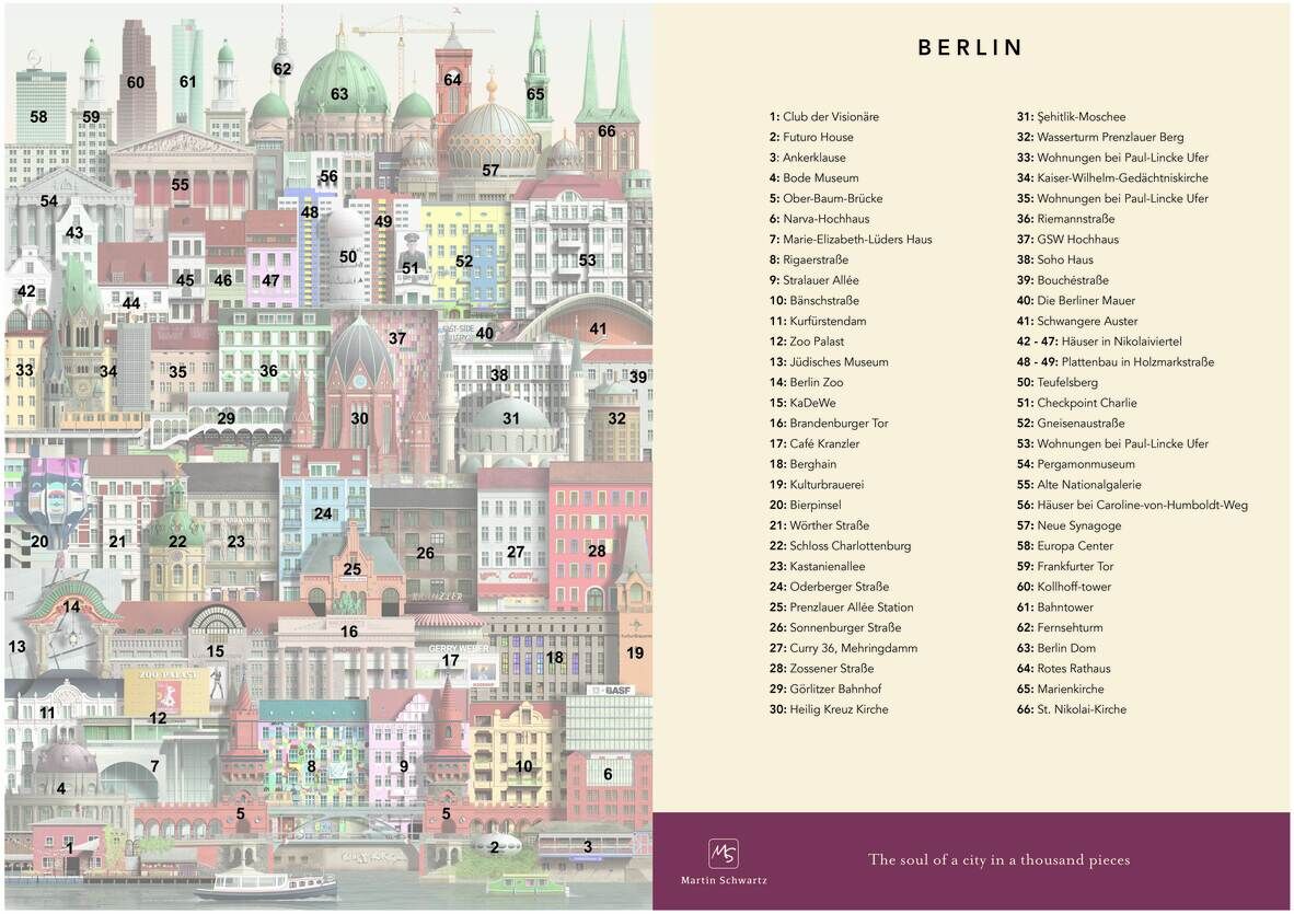 Illustration eines Puzzles mit 1000 Teilen, das verschiedene Wahrzeichen und Gebäude Berlins zeigt. Es gibt eine Liste der Sehenswürdigkeiten auf der rechten Seite des Bildes.