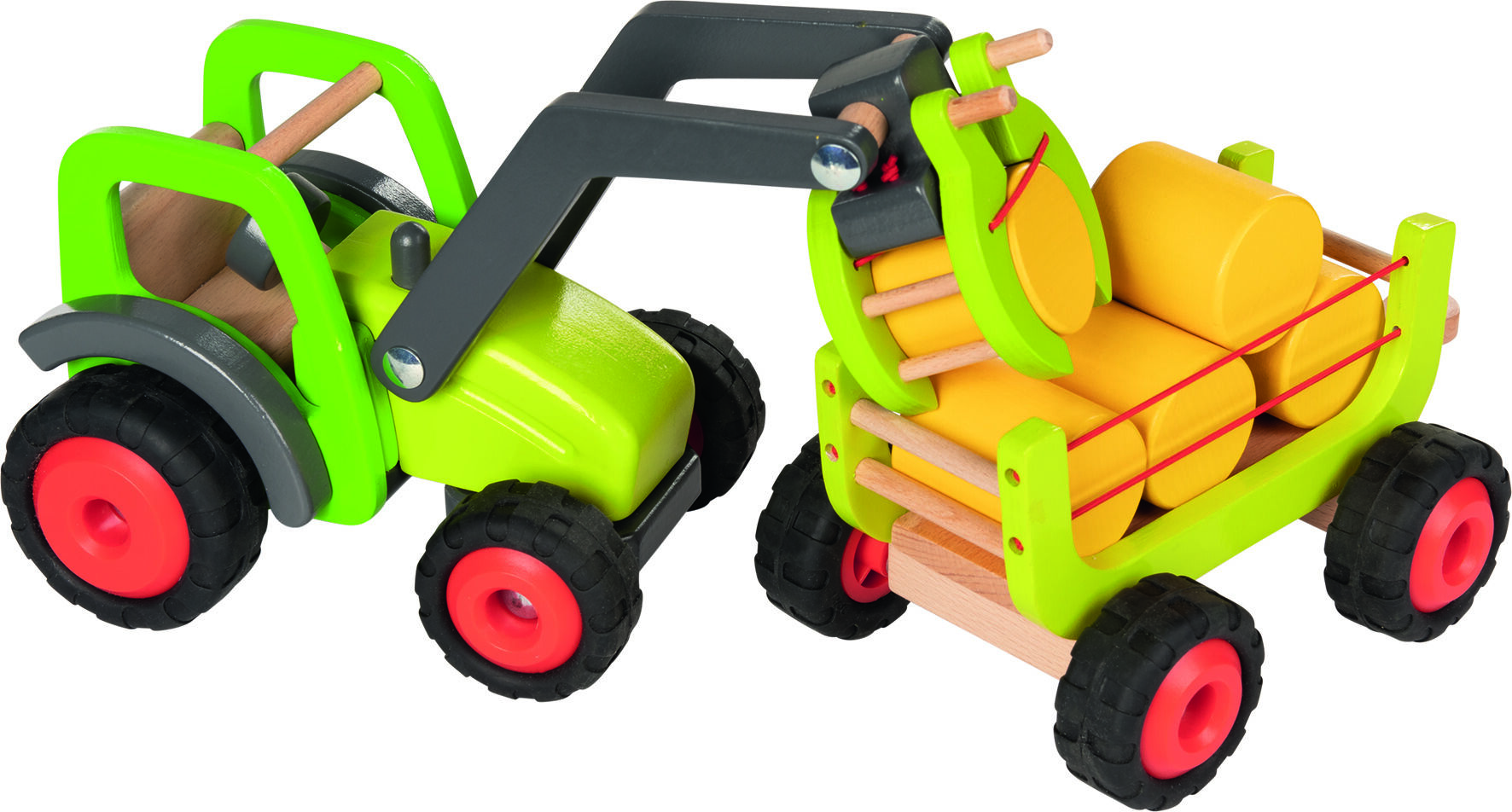 Abbildung eines Holzspielzeugs bestehend aus einem grünen Frontlader mit schwarzen und roten Rädern sowie einem Anhänger, der mit gelben Heuballen beladen ist. Das farbenfrohe Set eignet sich für Kinder zum Spielen und Nachstellen von landwirtschaftlichen Szenen.
