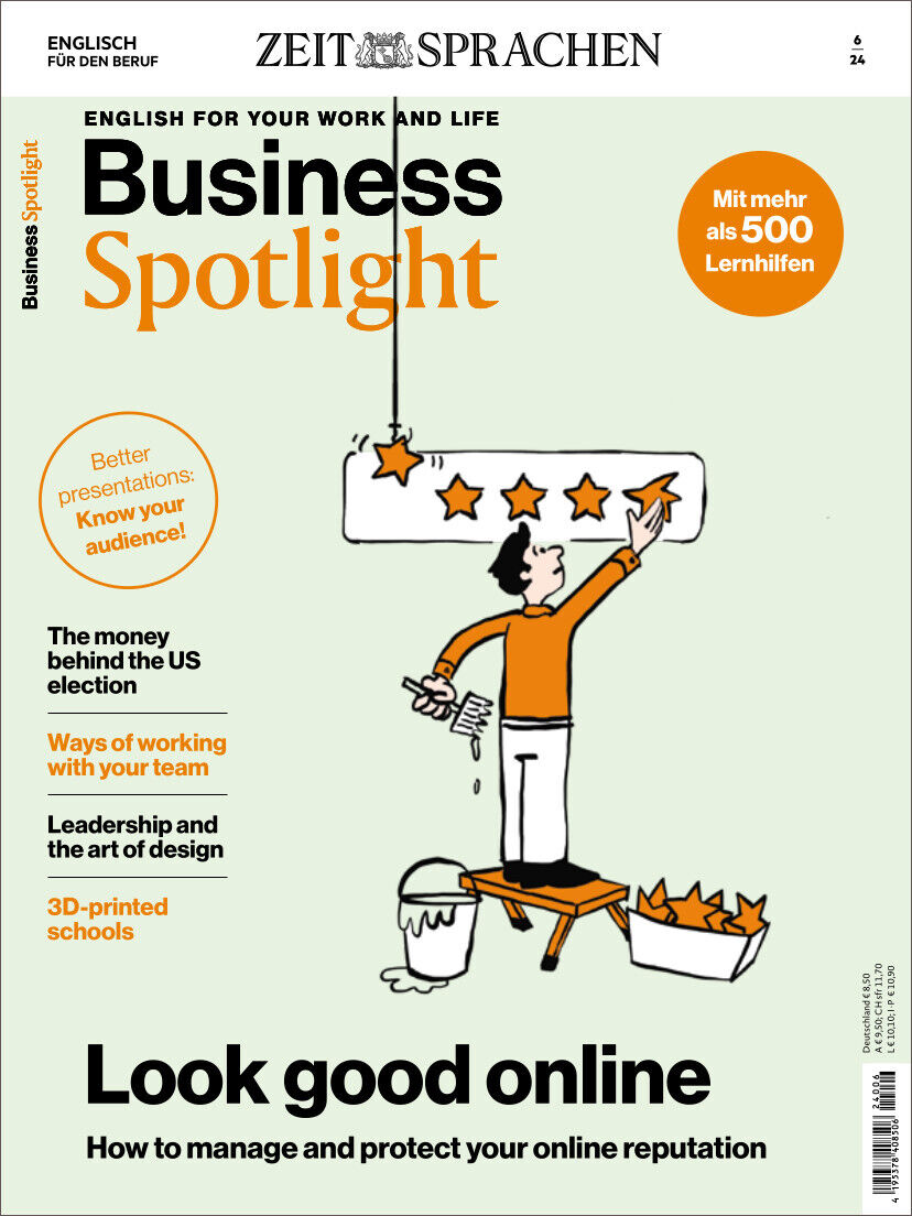 Titelblatt des Business Spotlight Magazins Ausgabe 06/2024 mit Themen wie Online-Reputation, Präsentationstipps, US-Wahlen, Führungsqualitäten, und 3D-Druck.