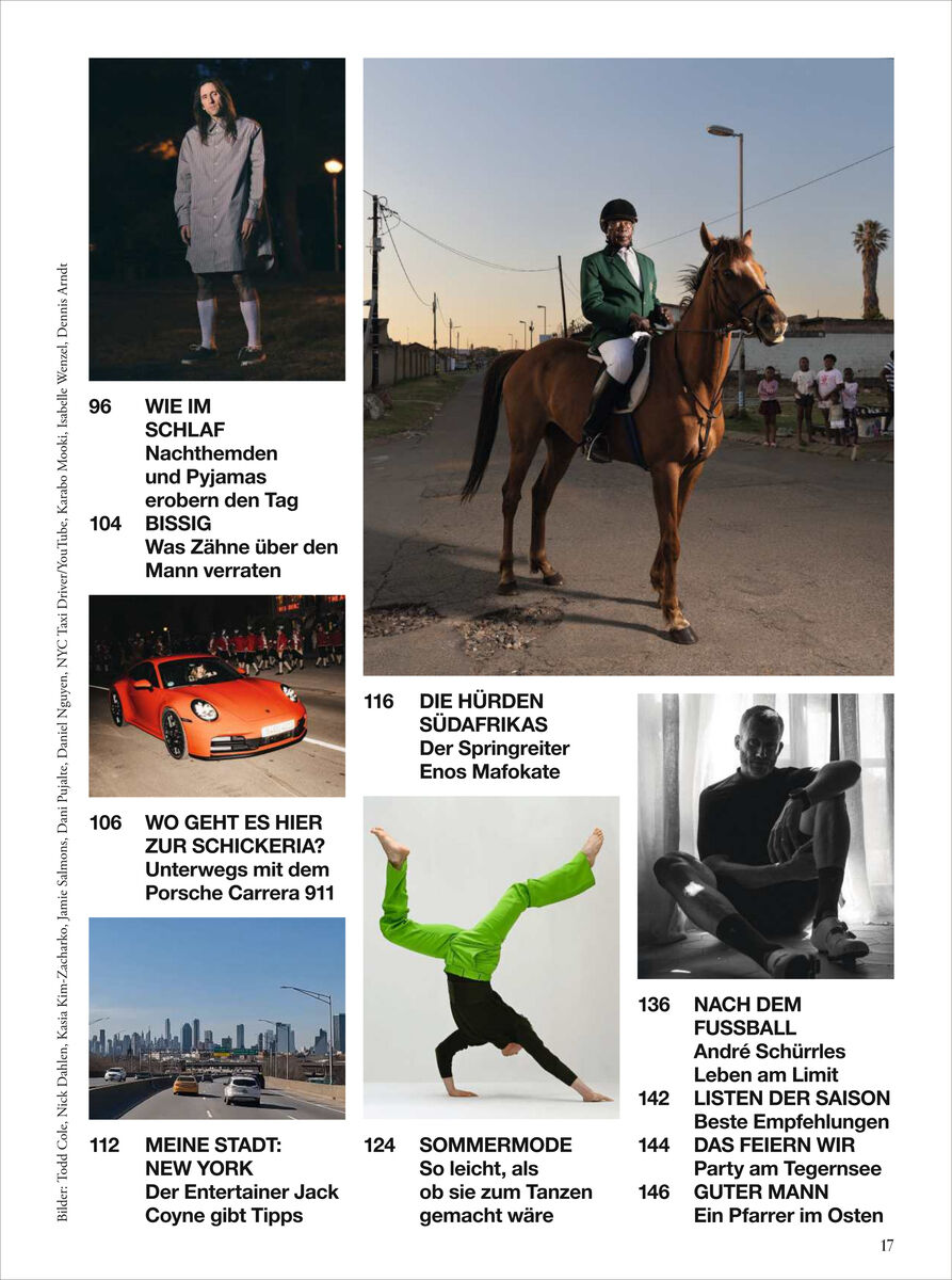 DE: Inhaltsverzeichnis einer Ausgabe des ZEITmagazin MANN. Mehrere Fotos zeigen Personen in unterschiedlichen Situationen: ein Mann auf der Straße in Nachtwäsche, ein Reiter auf einem Pferd, ein Sportwagen, ein Mann beim Dehnen, ein Mann entspannt auf einem Sofa und eine Person beim Handstand. Rechts die Seitenzahlen und Themen, darunter Themen wie Schlaf, Autos, Sport und Fußball.