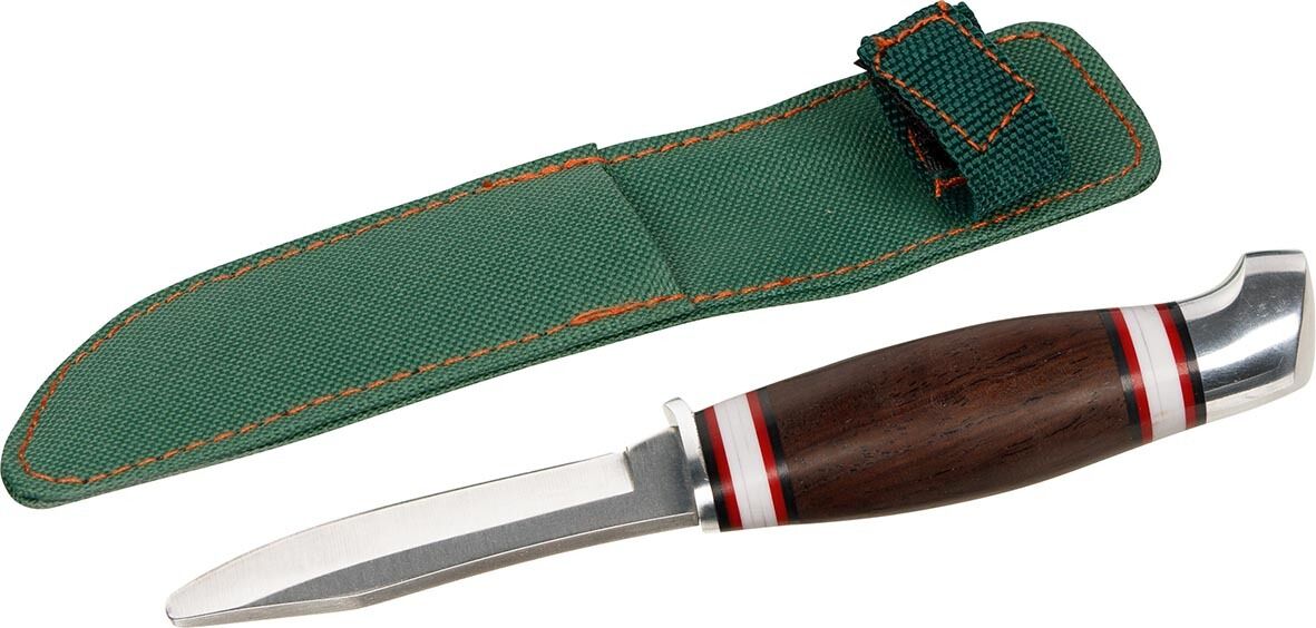Schnitz-Set »Tiere«: Enthält ein Schnitzmesser mit dunkelbraunem Holzgriff und silberner Klinge, dazu eine grüne, mit roter Naht versehene Hülle mit Klettverschluss.