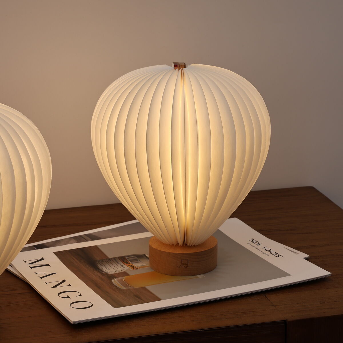 Zwei moderne Designerleuchten »Aeris Light« von Gingko Design in Ballonform stehen auf einem Holzmöbel. Die Lampenschirme bestehen aus feinem, weißem, gefächerten Material und leuchten warm. Die Standfüße sind aus hellem und dunklem Holz. Im Hintergrund liegt eine Zeitschrift auf dem Möbel.
