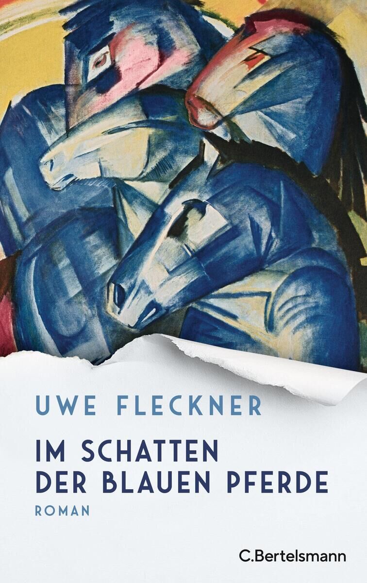 Buchcover des Romans 'Im Schatten der blauen Pferde' von Uwe Fleckner. Das Cover zeigt ein expressionistisches Gemälde von mehreren blauen Pferden. Der Titel ist in blauer Schrift auf weißem Hintergrund geschrieben.
