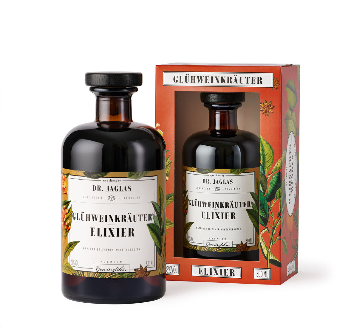 Eine Flasche „Glühweinkräuter-Elixier“ (Gewürzlikör) von Dr. Jaglas steht vor ihrer Verpackung. Die Flasche ist dunkelbraun mit einem weißen Etikett und schwarzem Schraubverschluss. Die Verpackung ist rot und zeigt weihnachtliche Illustrationen.