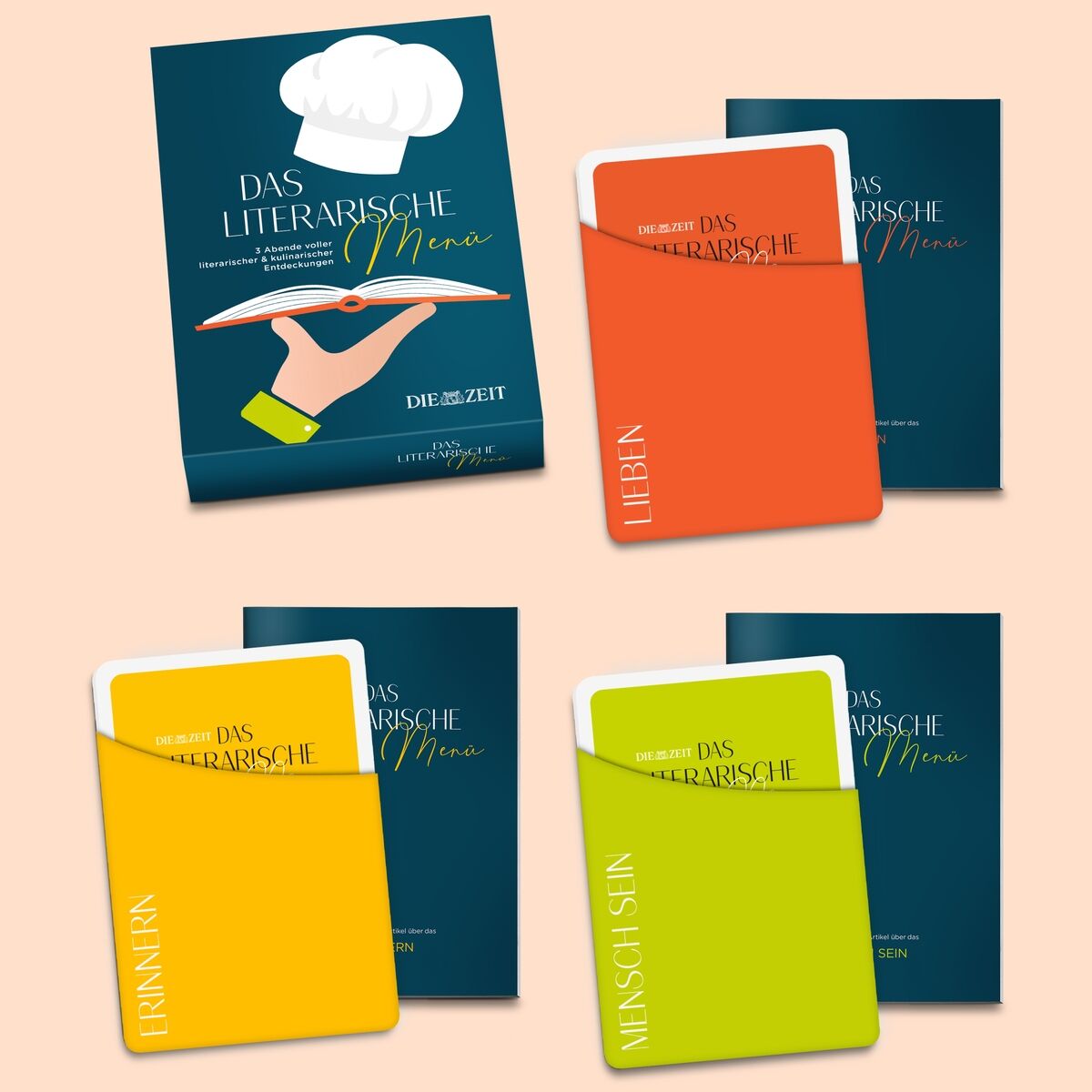 Das Bild zeigt das ZEIT-Edition »Das literarische Menü« Produkt, ein Kartenset zum Thema Literatur. Das Cover ist dunkelblau mit einer Hand, die ein Buch hält, darüber eine weiße Kochmütze. Es gibt drei vorgestellte Karten in den Farben Orange, Gelb und Hellgrün, die jeweils in passenden Hüllen stecken.