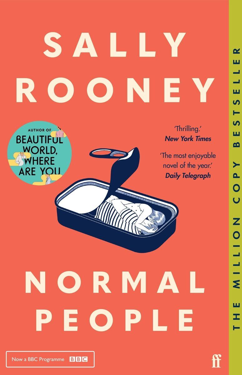 Buchumschlag von Sally Rooneys 'Normal People'. Der Hintergrund ist rot und zeigt eine geöffnete Dose Sardinen mit zwei darin liegenden Menschen. Die Schrift ist in Weiß und Blau. Auf der linken Seite ist ein Kreis, der auf 'Beautiful World, Where Are You' hinweist.