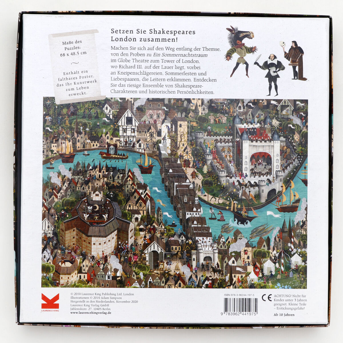 Schachtel mit dem Puzzle »Shakespeares Welt«, das mittelalterliches London entlang der Themse illustriert. Die Rückseite zeigt detaillierte Illustrationen von Gebäuden, Flüssen und prägenden historischen Bauwerken. Es gibt auch Figuren und Textbeschreibungen auf Deutsch.