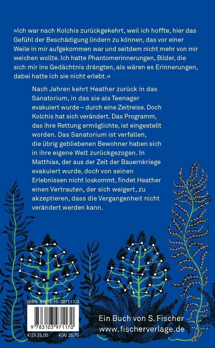 Eine Buchrückseite von 'Friedrich, F: Passagierin' aus dem S. Fischer Verlag, mit Textpassagen und Verlagsinformationen auf blauem Hintergrund und ornamentalen grünen Pflanzenmotiven.