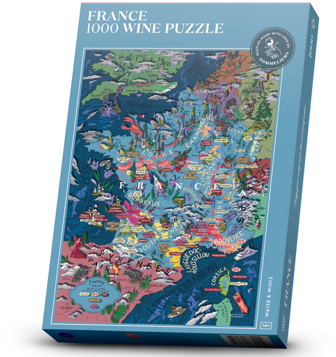 Eine Schachtel mit einem 1000-teiligen Puzzle über Frankreichs Weinregionen. Die Verpackung ist hauptsächlich blau und zeigt eine detaillierte Kartografie von Frankreich mit verschiedenen Farben zur Darstellung der Weinregionen.