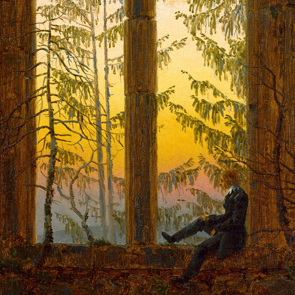 Das Bild zeigt eine hochwertige Reproduktion des Gemäldes »Der Träumer« von Caspar David Friedrich in einem Holzrahmen. Zu sehen ist eine romantische Landschaft mit einem nachdenklich wirkenden Mann auf hohem Fels, weite Himmel und sanfte Farbübergänge auf Leinwand.