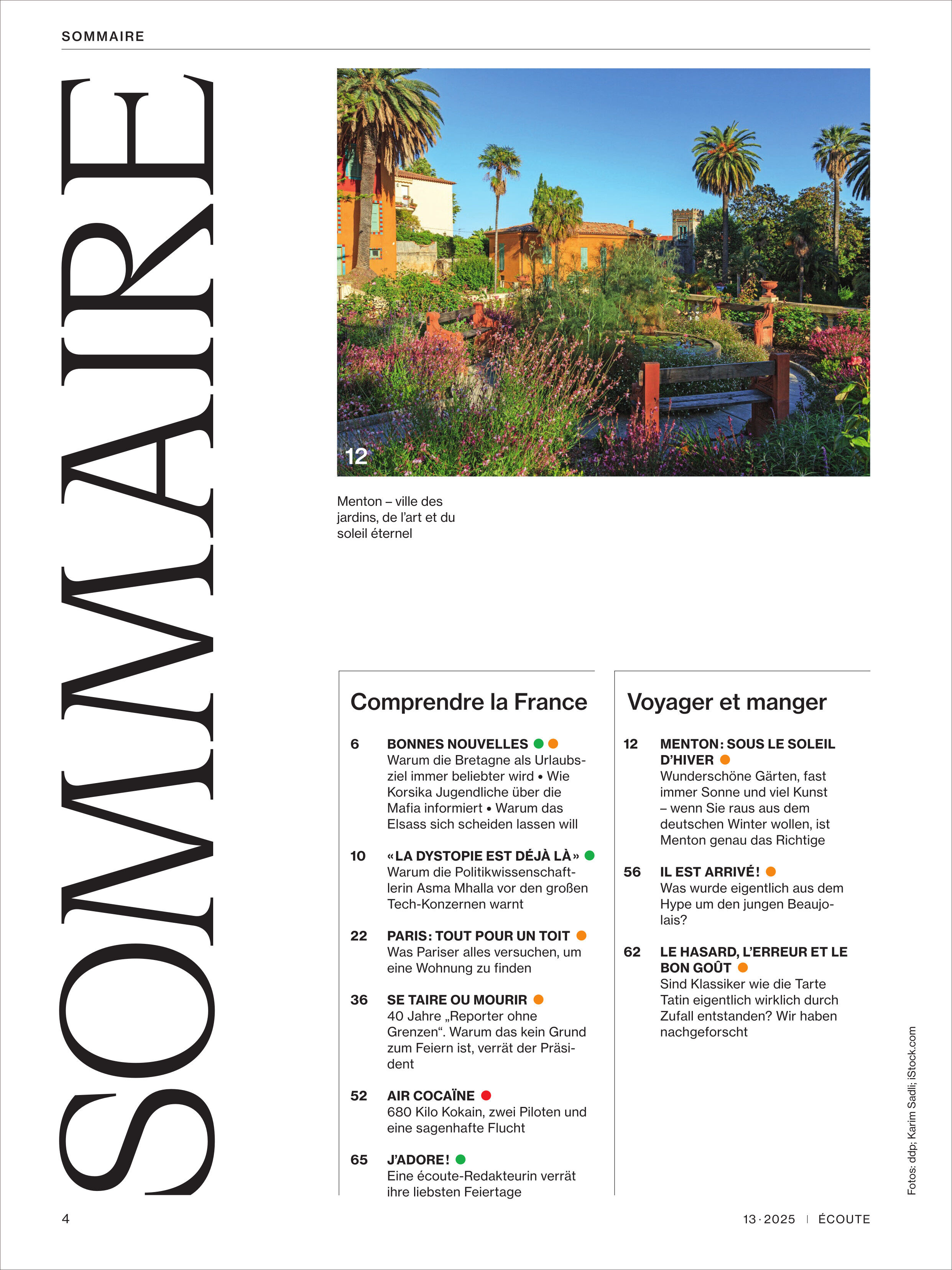 Titelseite des Écoute Magazins Ausgabe 13/2025 mit einem farbenfrohen Garten im Vordergrund, Palmen und Gebäuden im Hintergrund, sowie Inhaltsverzeichnis mit Themen zu französischer Sprache, Reise und Kulinarik. Das Layout kombiniert große typografische Elemente mit einem lebendigen Naturfoto.