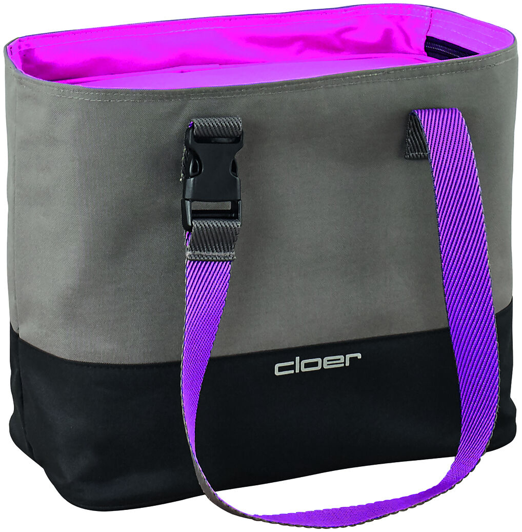 Eine Lunch-Tasche mit grauen, schwarzen und lila Farben. Die Tasche hat einen lila Tragegurt und Verschlüsse an der Oberseite. Marke: Cloer.