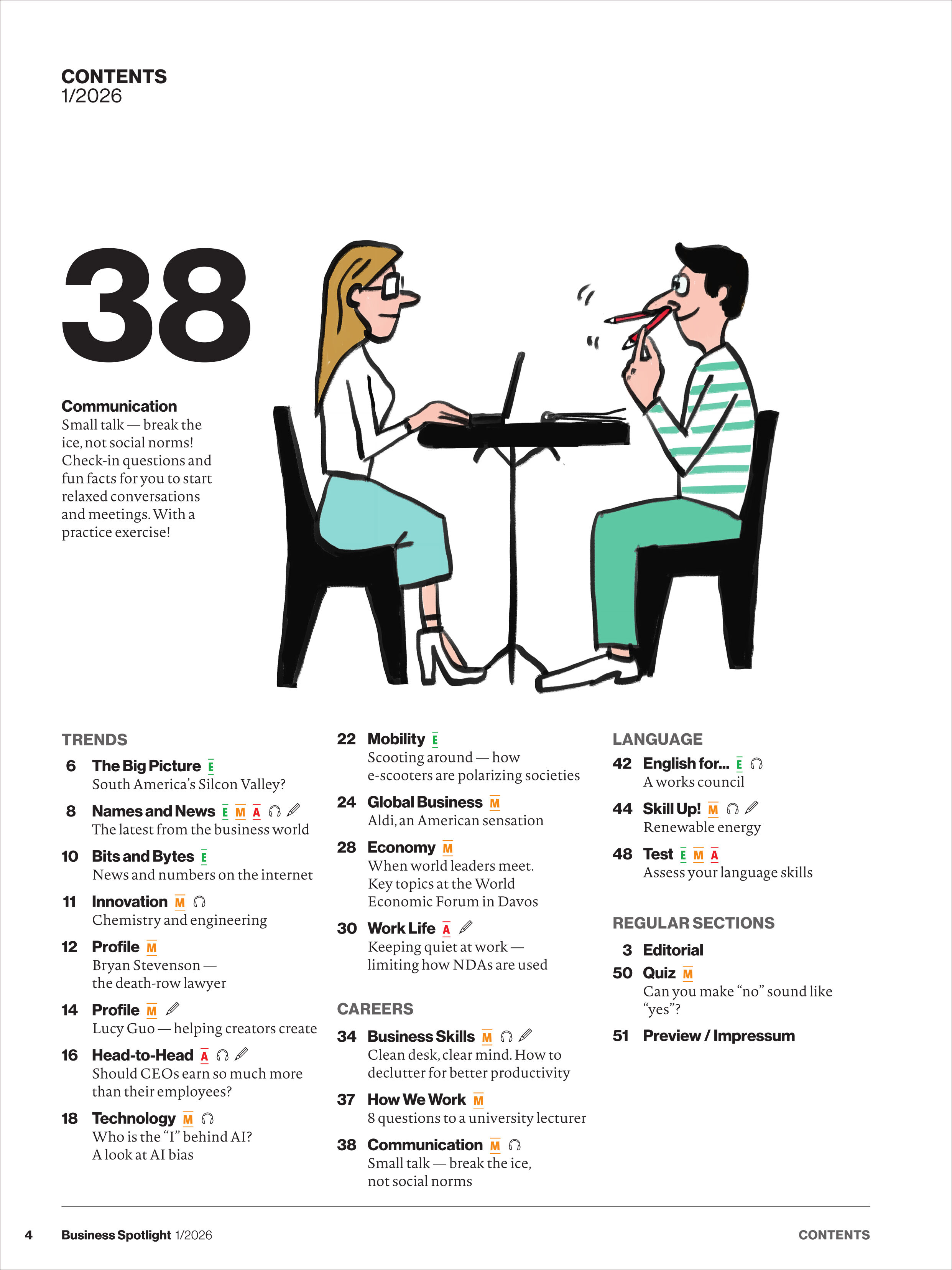 Eine Magazinseite mit Inhaltsverzeichnis. Links eine große schwarze Zahl 38. Daneben eine Illustration zweier Personen, die sich an einem Tisch gegenübersitzen, beide mit Laptop, die Frau links notiert auf einem Block, der Mann rechts denkt nach und hält einen Stift am Mund. Darunter mehrere Spalten mit Rubriken und Seitenzahlen.