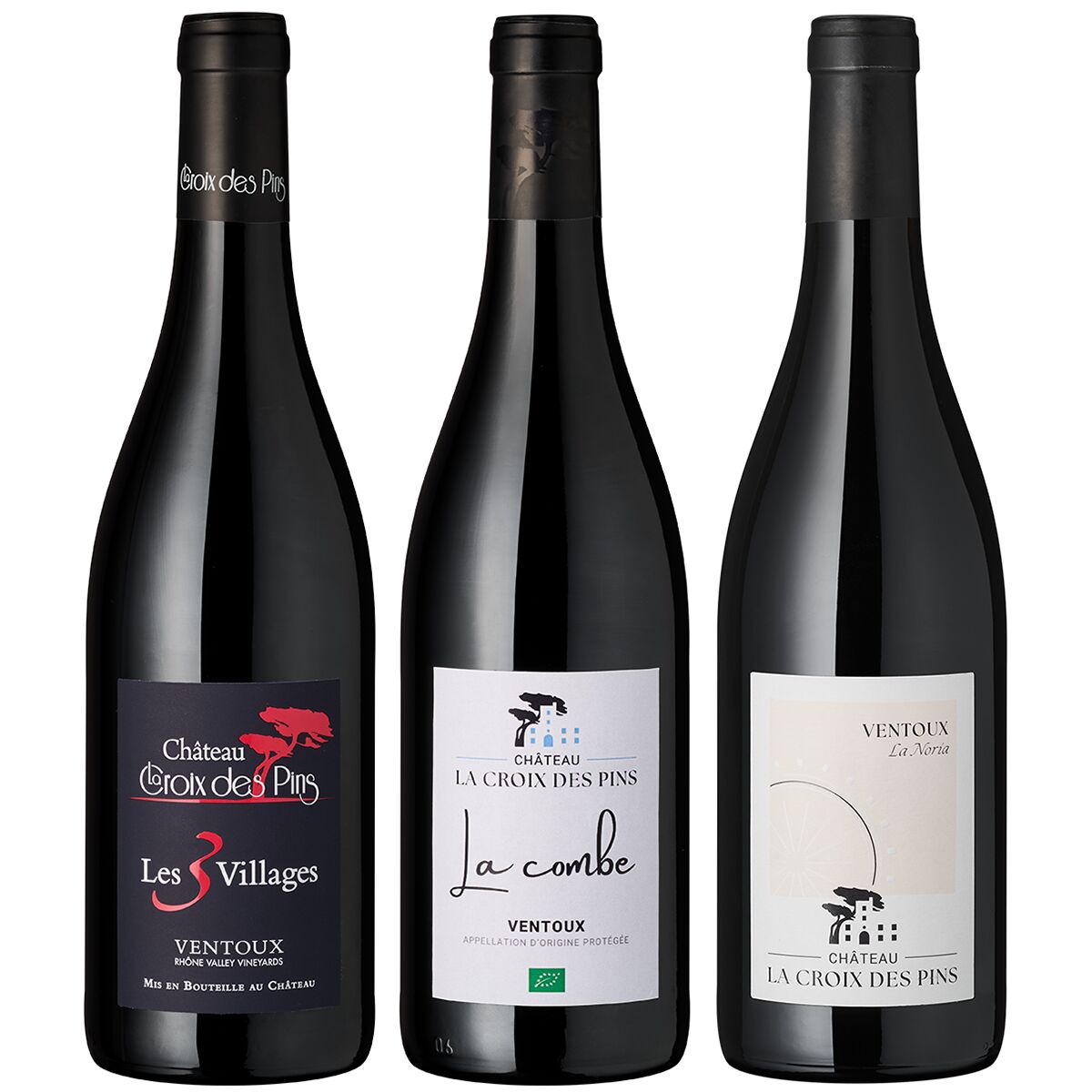 Das Bild zeigt drei nebeneinanderstehende Rotweinflaschen des französischen Weinguts Château La Croix des Pins mit unterschiedlichen Etiketten auf weißem Hintergrund. Die Flaschen bilden ein Probierpaket für Weinliebhaber und eignen sich als Geschenk oder zur Weinverkostung.